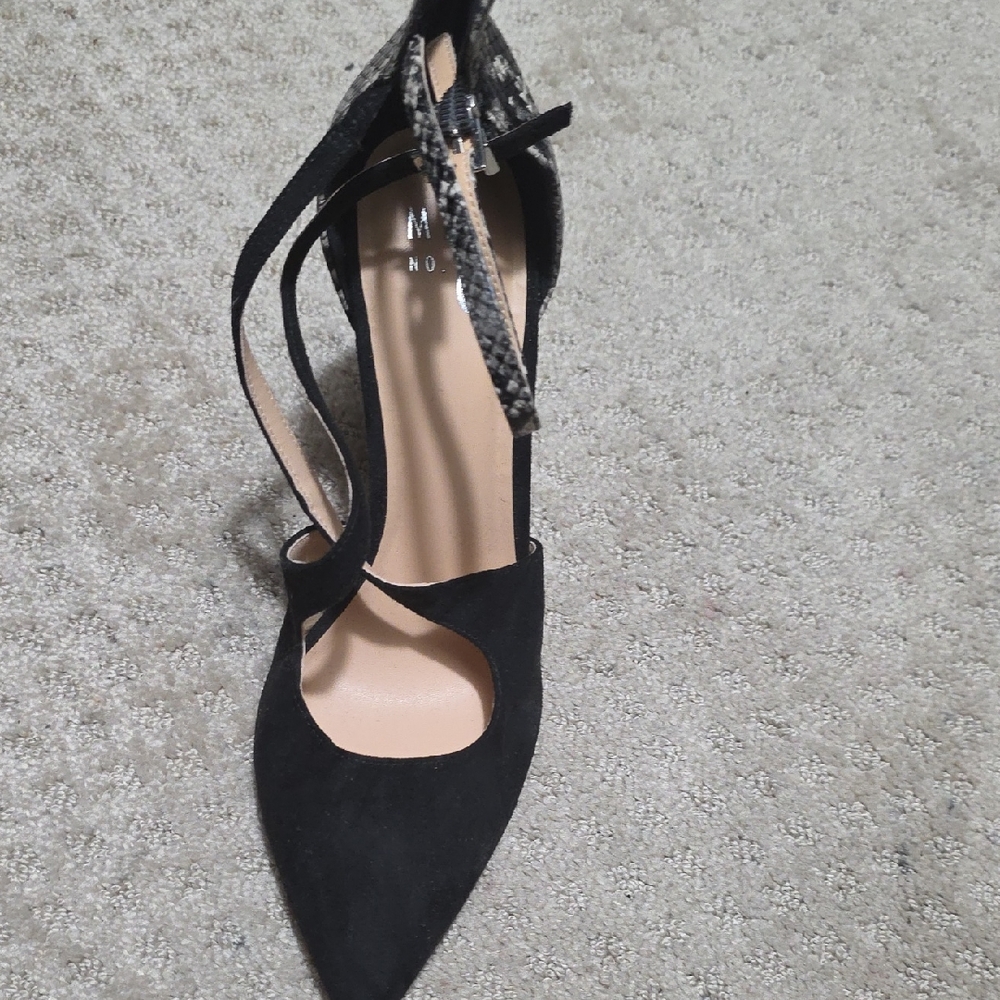 Mix No. 6 Black Pointed-Toe Ankle-Strap Heel with Snake-Print Trim